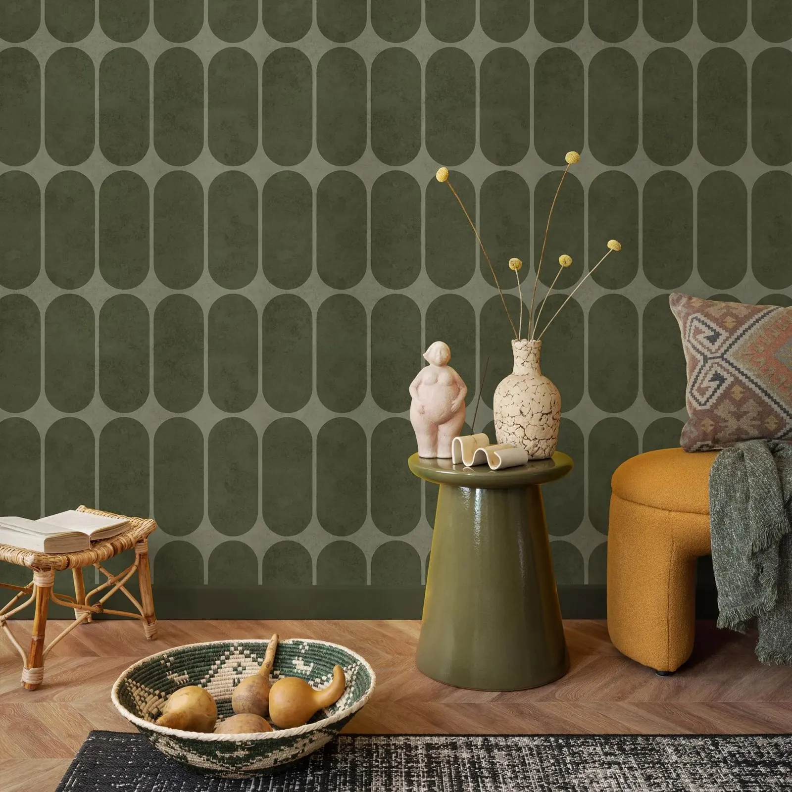 

Geometric Wallpaper Peel and Stick ,Art Deco Arches In Olive and Sage Green Wall Paper For Room Decor,Self-adhesive Or Tradition