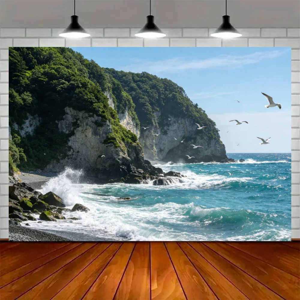 Summer Seaside Scenery Background Seagull Beach Shell Sea Crab Vacation Party Decoration Backdrop Outdoor Sports Banner Prop