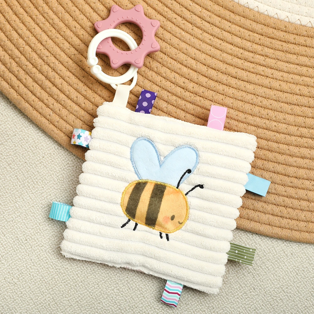 Butterfly and Bee Double Sided Security Blanket with Detachable Silicone Teether Make Sound Textured Ribbon Sensory Newborn Gift