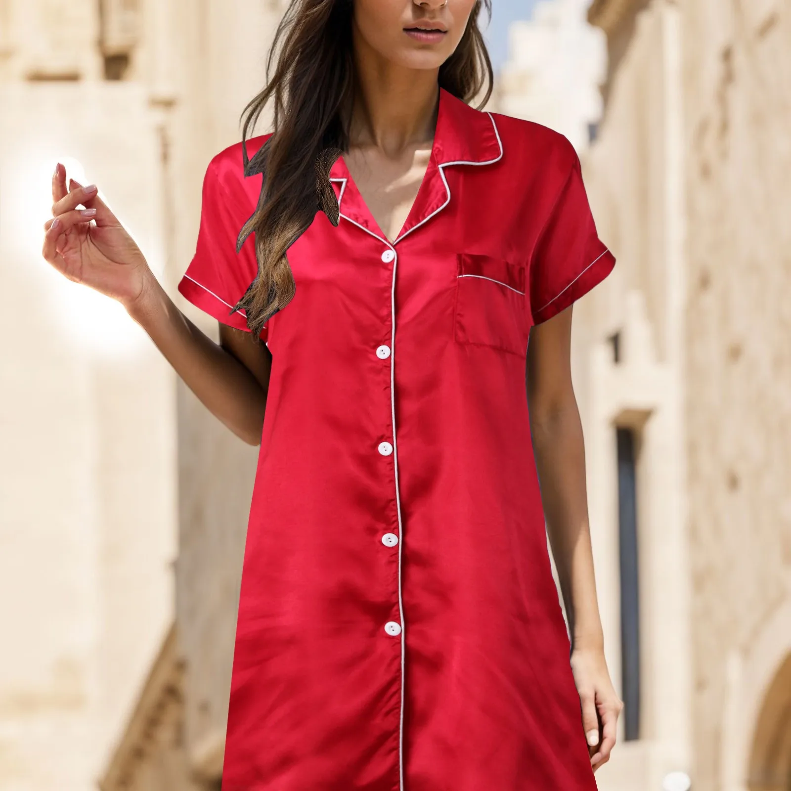 Sexy Women Satin Silk Nightgowns Sleepwear Short Sleeve Lapel Collar Sleepshirts Medium Length Loose Pajama Nightwear For Women