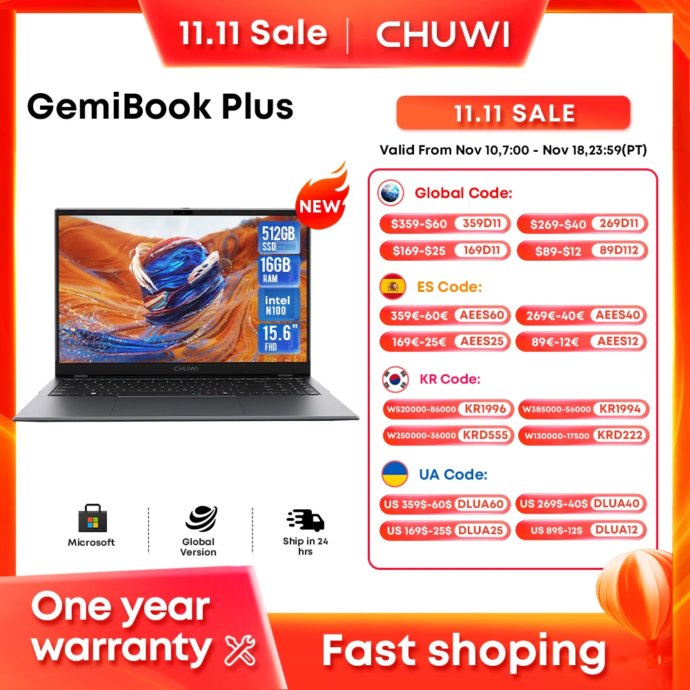 CHUWI GemiBook Plus Laptop 16GB LPDDR5 512GB SSD Intel Alder Lake N100 15.6'' FHD 1920 * 1080 WiFi 6 Windows 11 Laptops