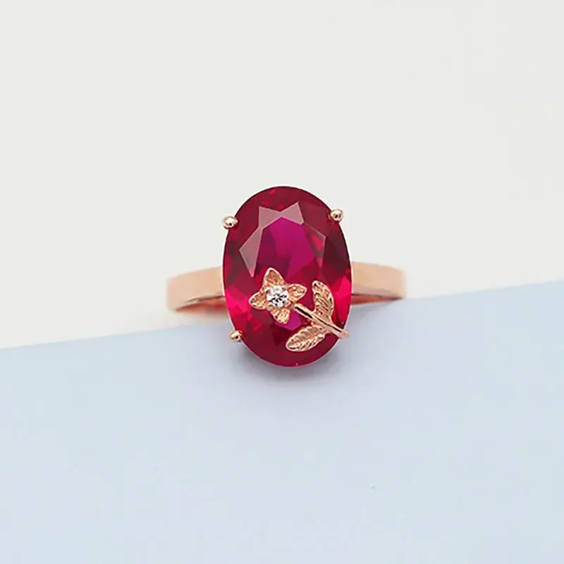 

585 Purple Gold Plated 14K Rose Gold Oval Ruby Rings for Women Exquisite Luxury Flower Crystal Jewelry Banquet Gift Adjustable