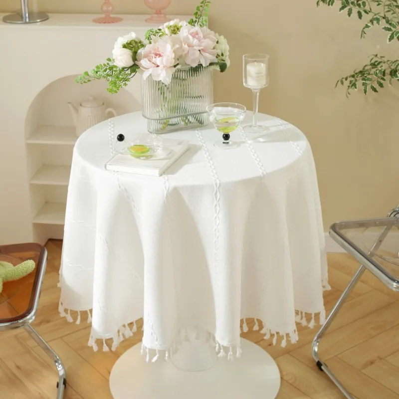 Nordic Solid Jacquard Round Table Cloth Ins-style White Simple Tablecloth Linen Tablecloth Dining Table Decor Round Table Cover