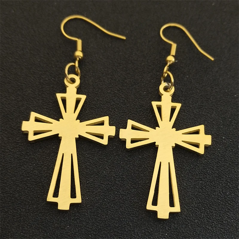 Catholicism Cross Stainless Steel Erring  Drops Gold Color Women Fashion Hollow  Girl Friend Jewelry boucle oreille E6062S02