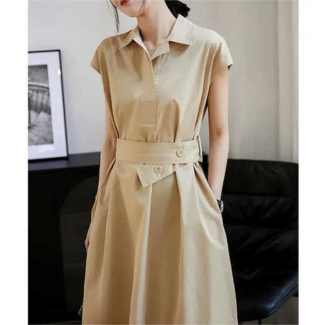 

2024 Sleeveless Light Mature Style Shirt Dress with Lapel and Lace up Waist for Commuter Women's Clothing Women's Long Dresses