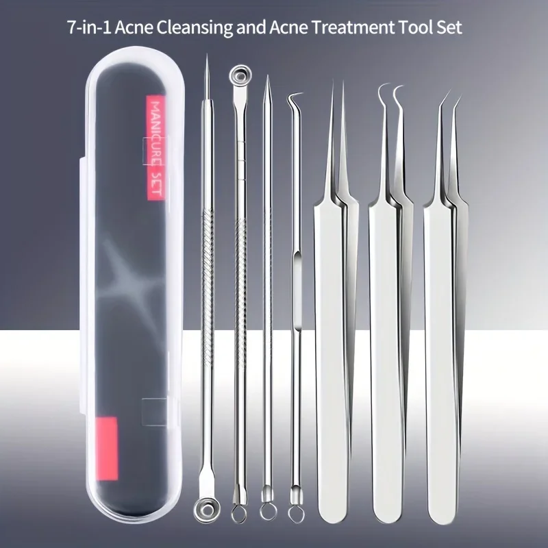 7個の黒ずみ除去ツール、金属製プロフェッショナルニキビ&コメドン除去ツール、無香料、サロン品質のフェイシャルケアキット