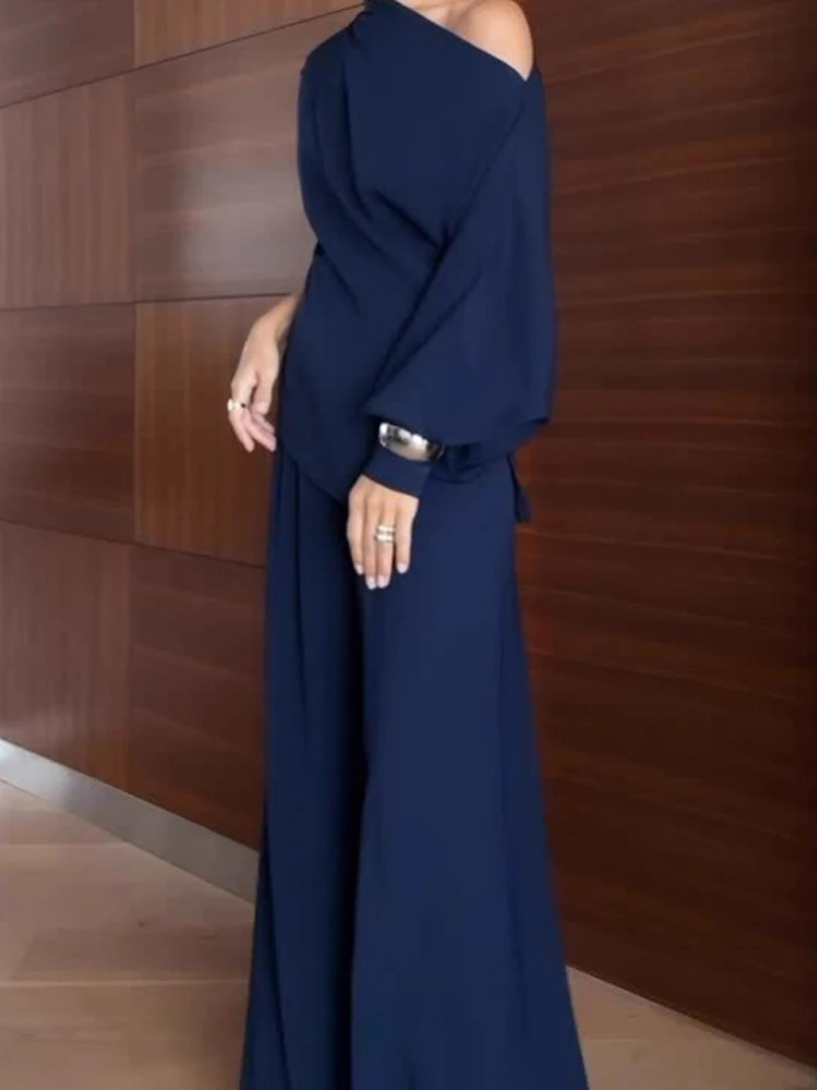 

Fashion Commuting Solid Loose Two Piece Suits Casual Asymmetrical 2Pc Outfits Elegant Skew Neck Lantern Sleeve Tops & Pant Sets