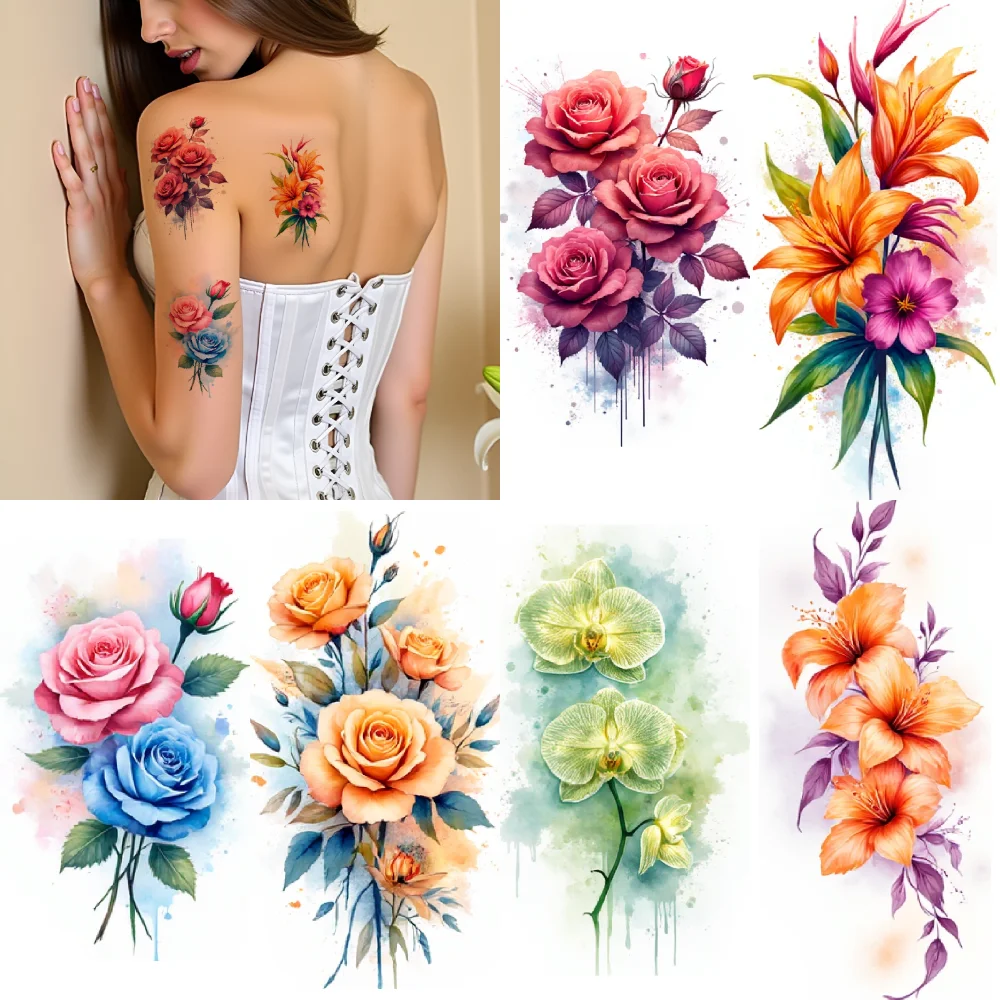 

9pcs Temporary Tattoo Waterproof Long-lasting Body Stickers Vibrant Wildflowers Artistic Tree Water Lily Scene For Girls
