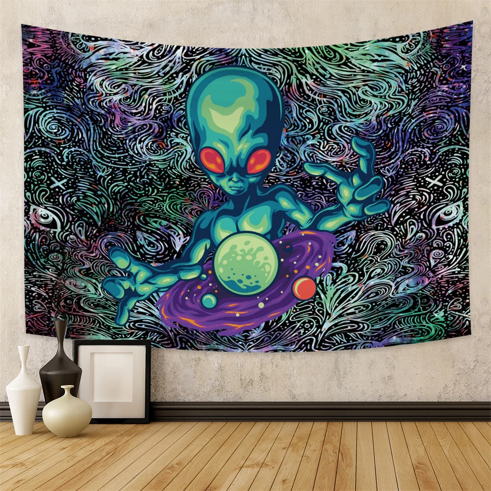 Outer Space Alien ET Tapestry Psychedelic Skull Chakra Colorful Black Witchcraft Wall Hanging Cloth Carpet Room Home Decor