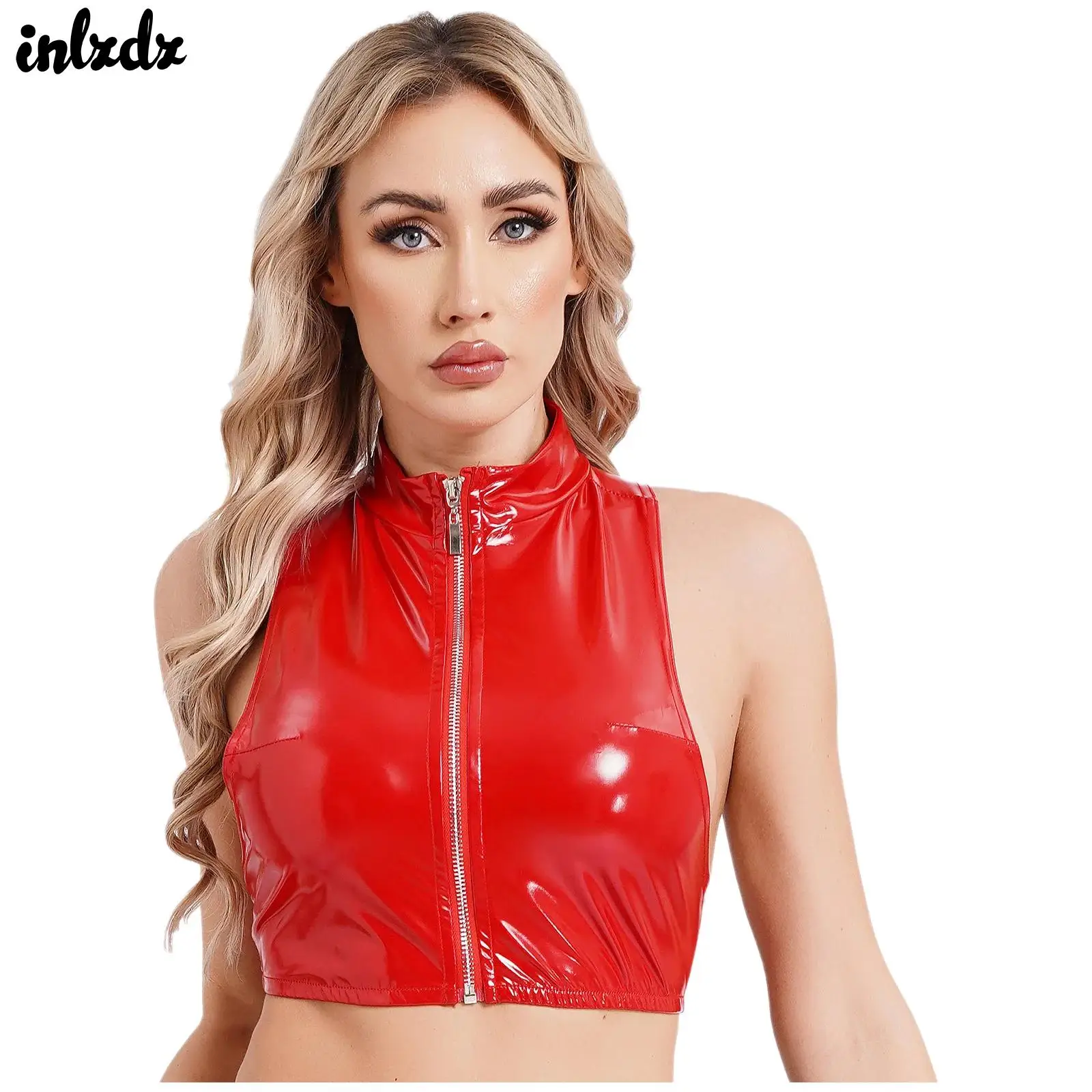 Womens Patent Leather Stand Collar Front Zipper Tank Top Rave Clubwear Vest Jazz Pole Dance Wear Wet Look Crop Top Clubwear