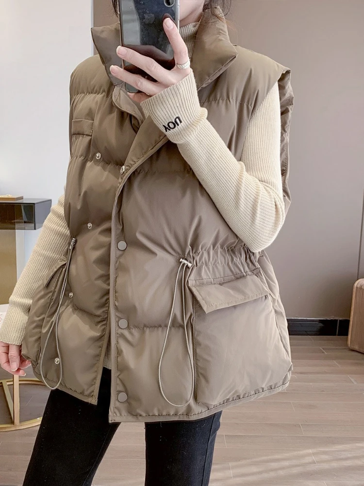 

Autumn Winter New Solid Color Down Cotton Vest Women's Short Korean Version Outer Wear Waist Thickened Cardigan Vest Jacket