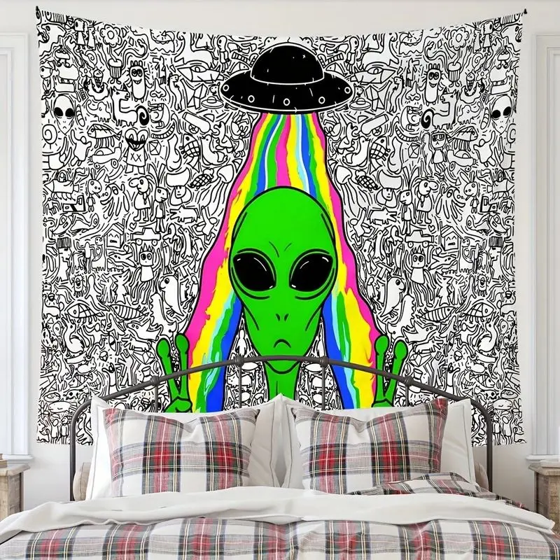 VIKAMA Rainbow Alien UFO Graffiti Tapestry, Psychic Hippie Black White Line Wall Art for Bedroom Living Room Decor
