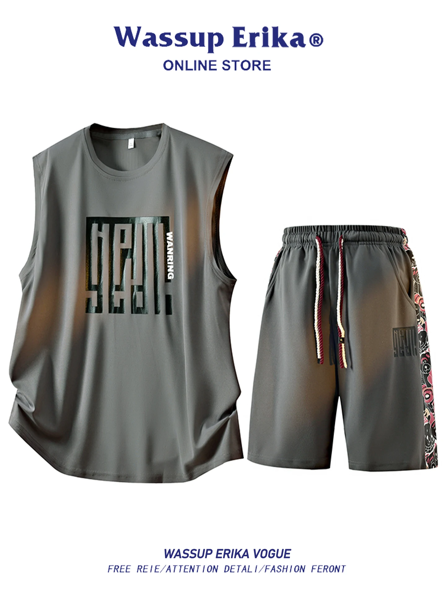 wassup-erika-men's-ice-silk-sleeveless-t-shirt-set-quick-dry-two-piece-summer-casual-sports-suit-polyester-fiber-shorts