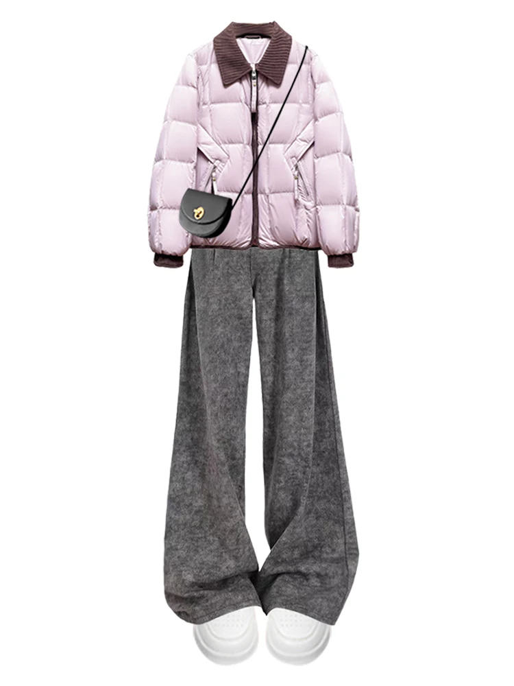 Ensemble Jaet et pantalon ample en coton chaud pour femmes, en violet, ort Sle, tenue décontractée, pantalon taille haute, automne hiver