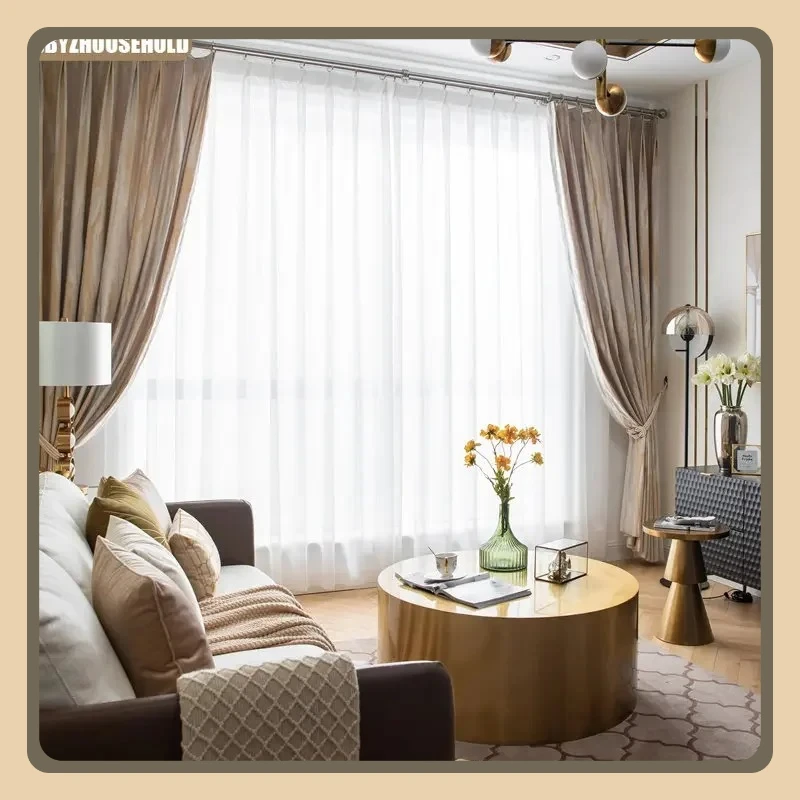 

Custom Size！！American Light Gold Curtains for Living Dining Room BedroomThread Texture High Precision Thickened Jacquard Tulle