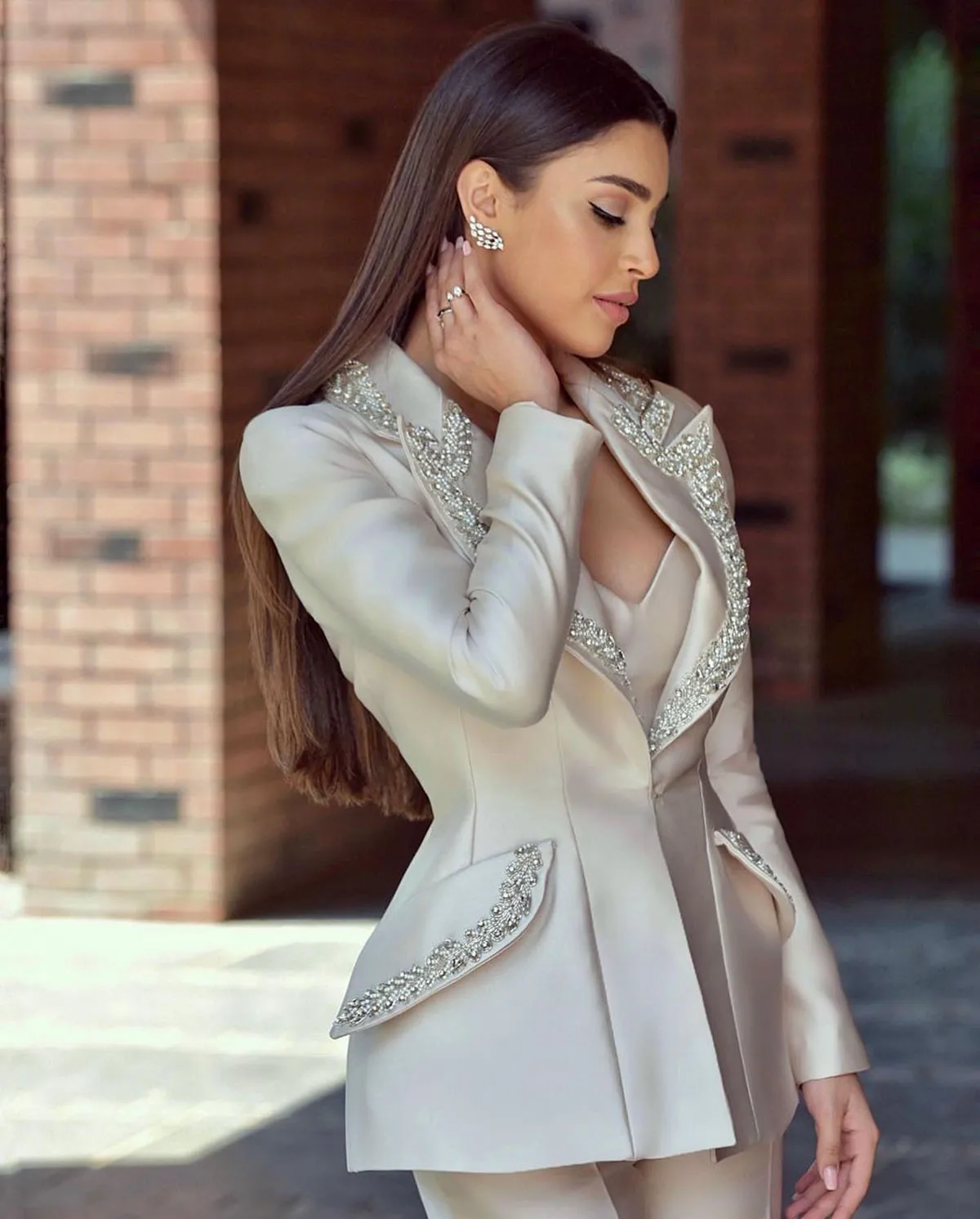 Modern Crystal Women Suits 2 Pieces One Button Shiny Pocket Blazer Custom Made Fashion Slim Fit Elegant Celebrity Jacket