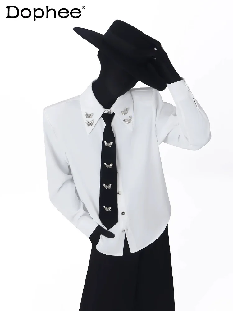 

2026 Men's Summer Fashion Metal Butterfly Decorative Tie Shirts High-End Long Sleeve Tops Male Handsome Padded Shoulder Shirts