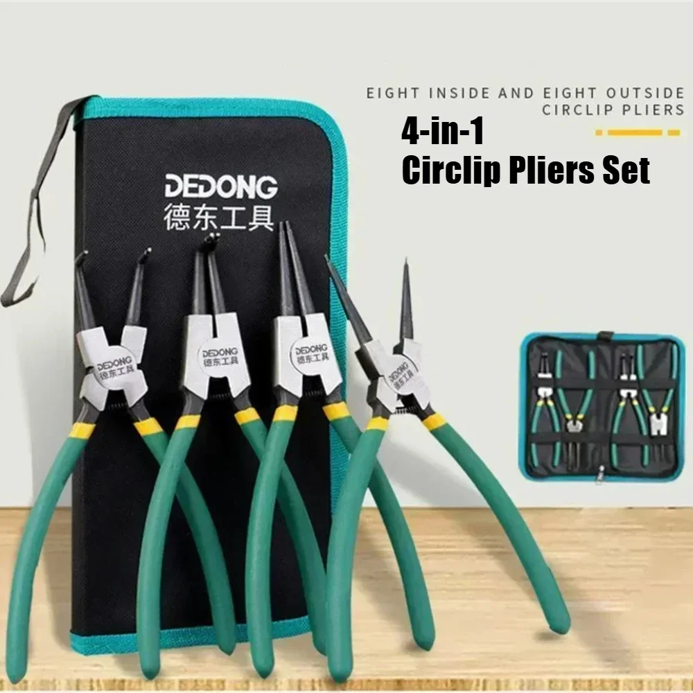 

4-in-1 Pliers Set Tool with Storage Bag Multifunctional Nose Plier Staight Bent Plier Inner Outer Retaining Snap Ring Remover