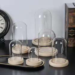 Glass Cloche Jar Display Stand Cover Terrarium Bottle with Wooden Base Acrylic Dust Cover Display Box Immortal Flower Box