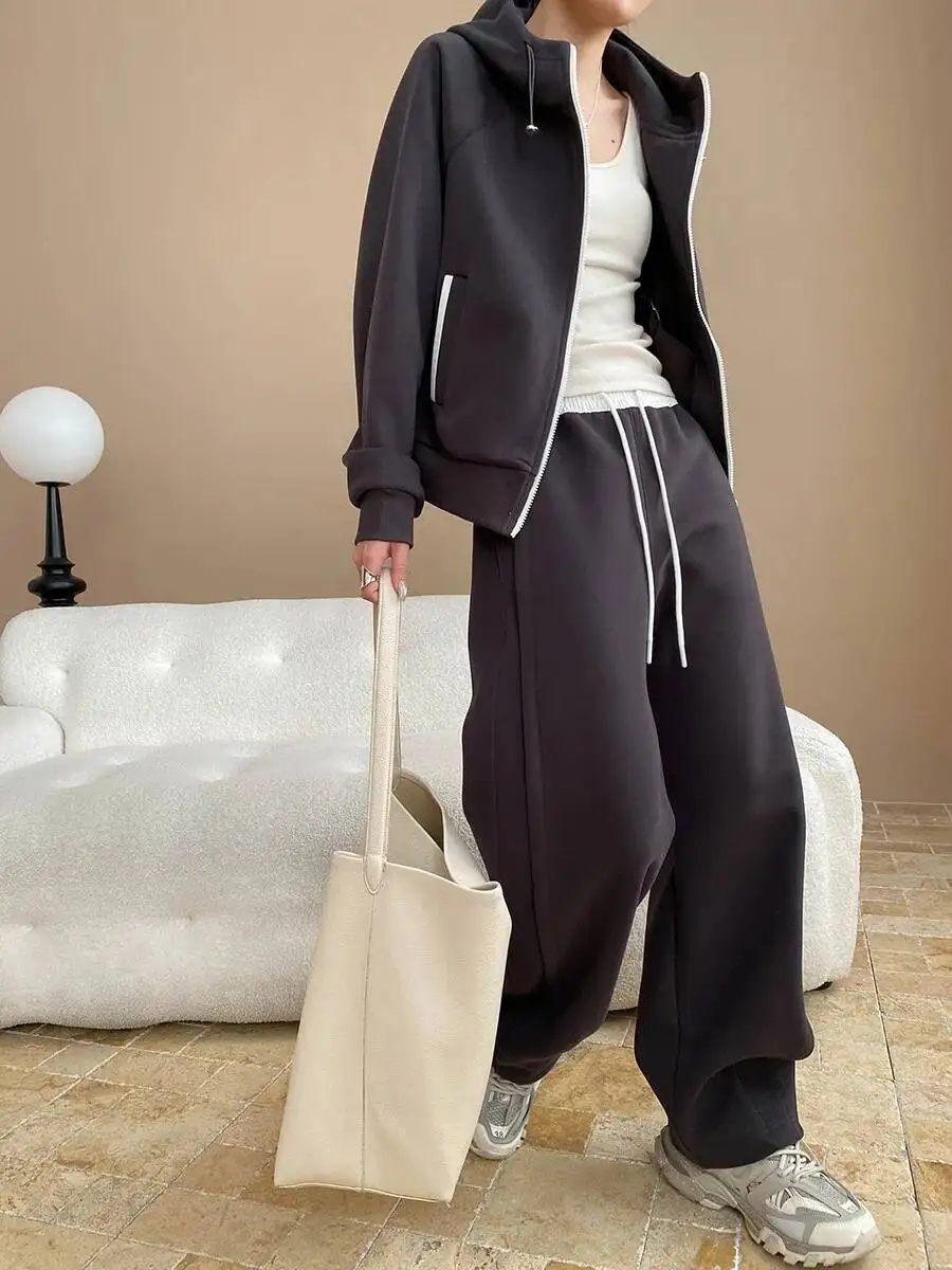 

Spring And Autumn Women's Casual Solid Color Hooded Sweatshirt+High Waist Loose Pants Set