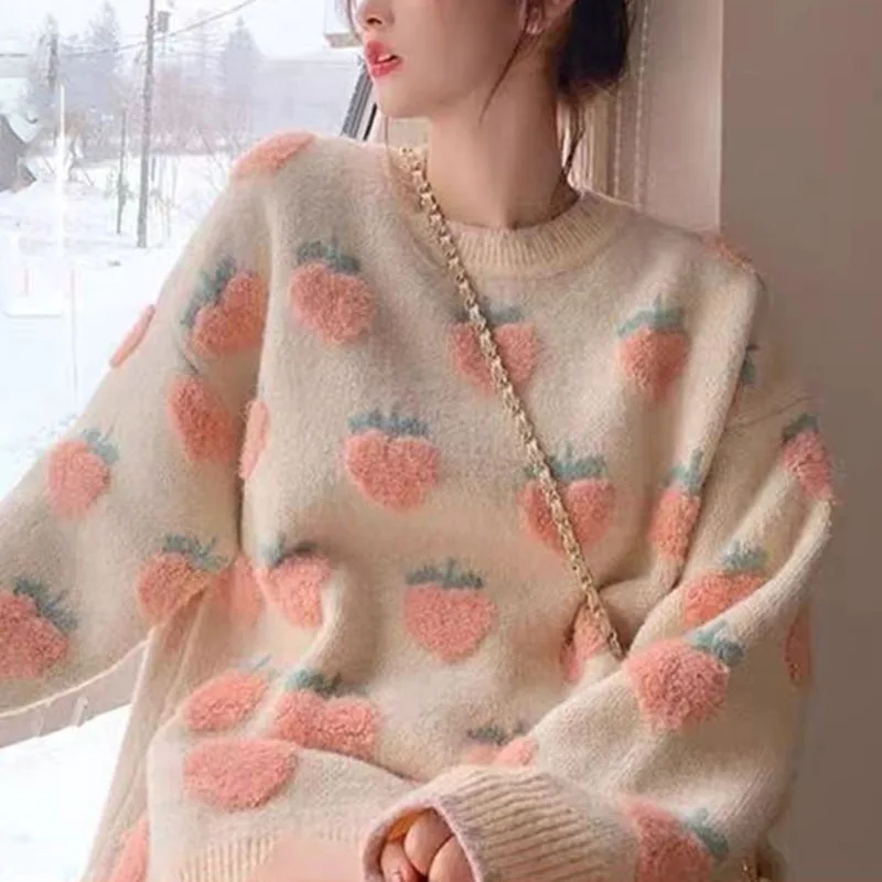 Lucyever Autumn Winter Thicken Warm Women Sweaters Harajuku Sweet Strawberry Embroidery Jumpers Casual Loose Knitted Pullovers