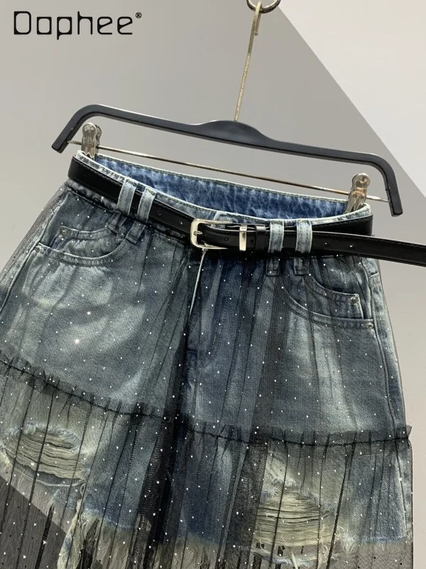 NOVEDAD DE VERANO 2021, minifalda vaquera rasgada de dos piezas falsa, falda de pastel ajustada de longitud media por encima de la rodilla de malla de retales a la moda para mujer