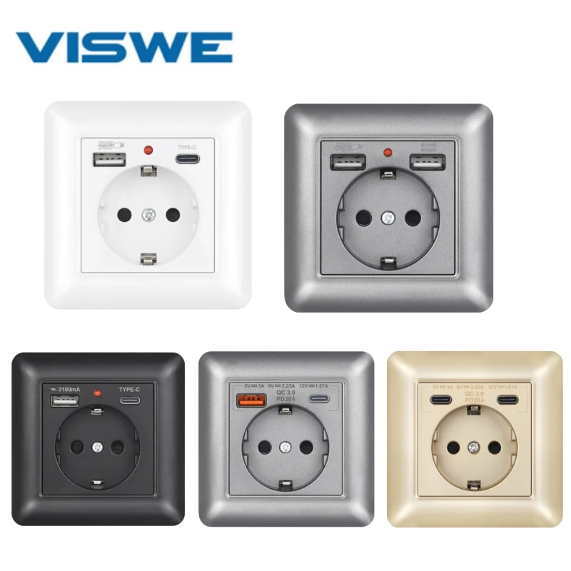 

VISWE Usb Настенная розетка 20 Вт, быстрая зарядка и стандарт ЕС 5 В, 2 А, огнестойкая панель ПК 82*82 мм, комбинация USB Type-c