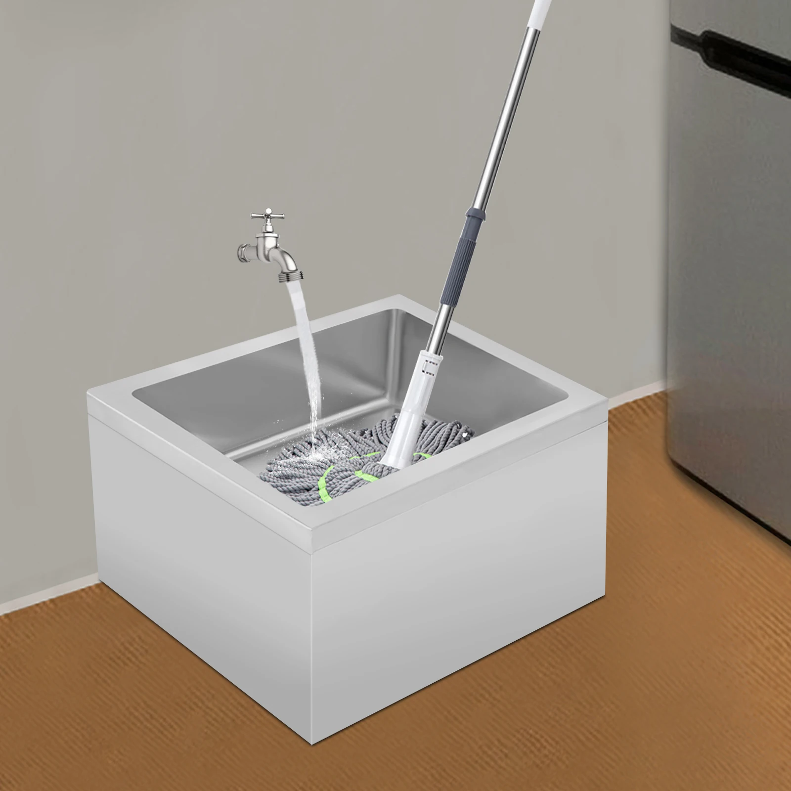 حوض ممسحة أرضية فضية (مستقر وسهل التنظيف) - هيكل مستطيل + أقدام غير قابلة للانزلاق وثبات جيد (استخدام آمن)، سطح أملس