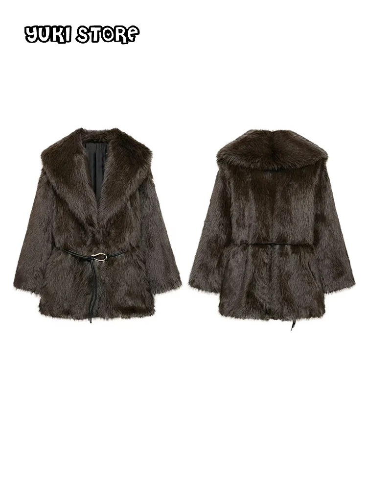 

Элегантные женские пальто из искусственного меха с поясом, тонкие лацканы с длинными рукавами, женская пышная куртка 2024, осенне-зимнее женское роскошное пальто, новое