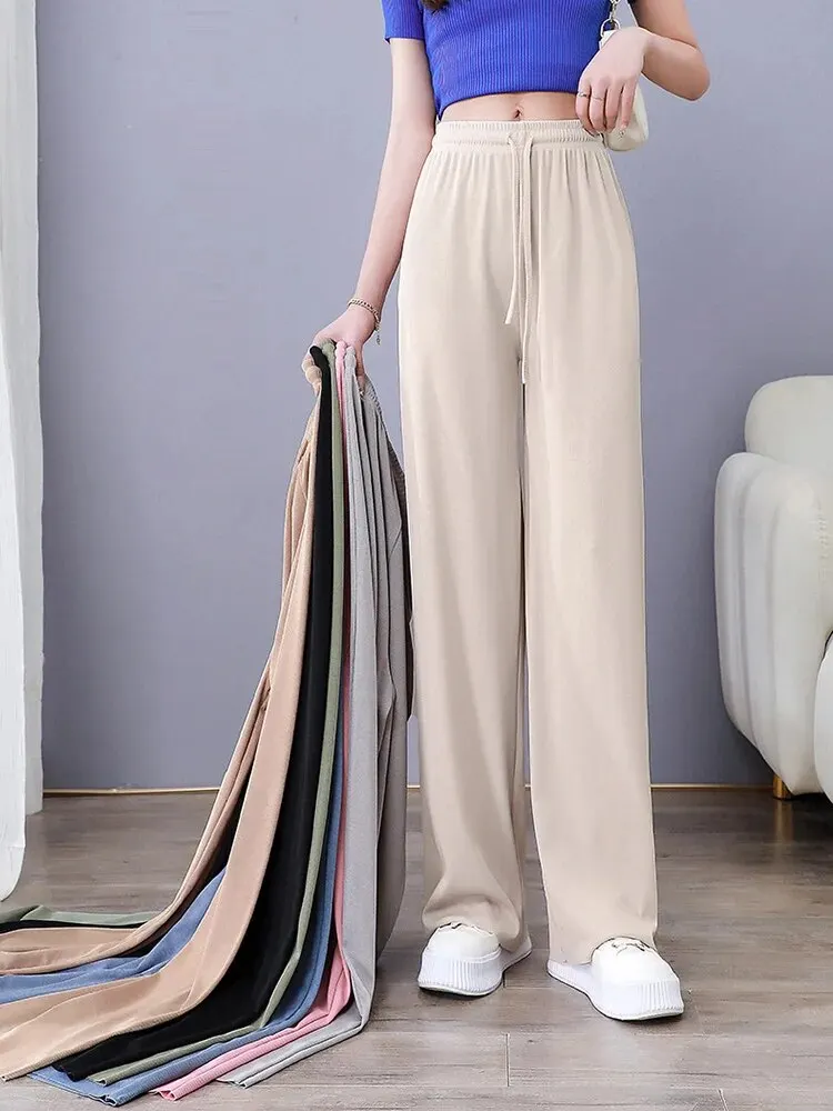 Women Long Pants Causal Elastic Waist Loose Basic Long Trousers For Female Spring Summer Wide Leg Long Pants