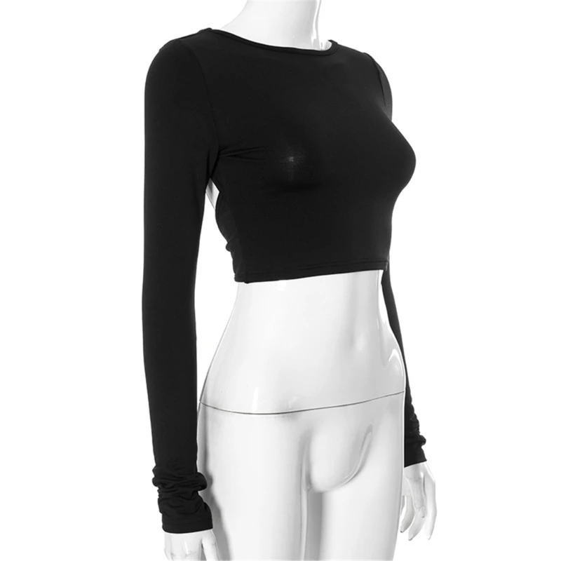 Womens Long Sleeve Going Out Crop Top Cut Out Twist Backless T-Shirt Solid Color Open Back Basic Fit