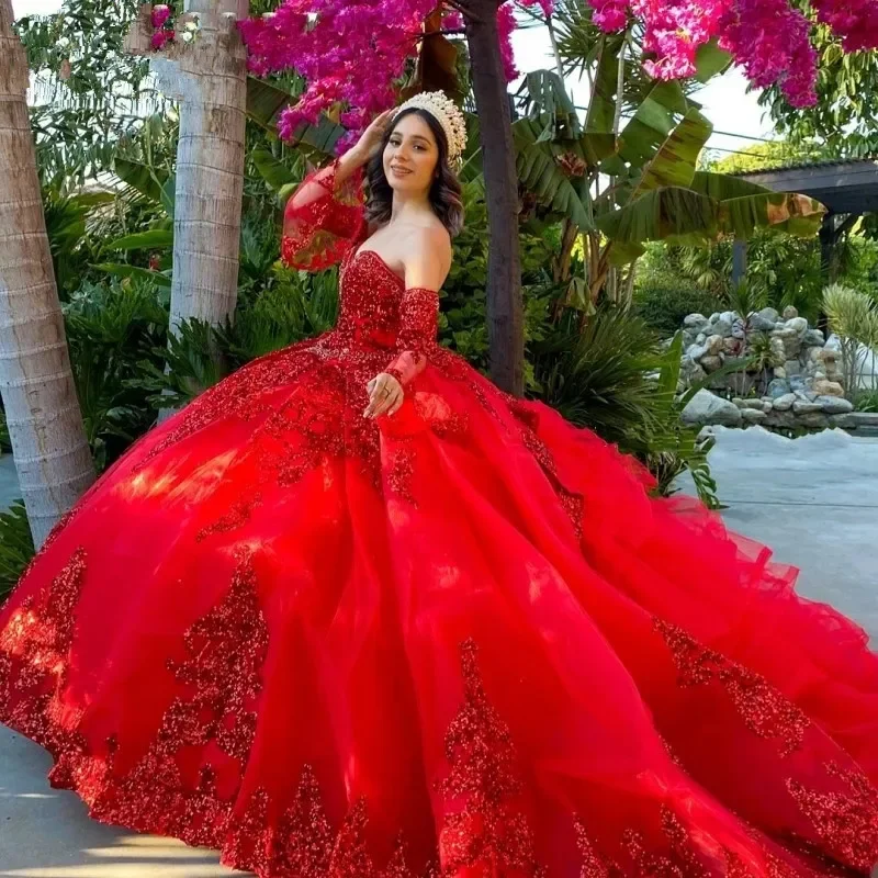 ANGELSBRIDEP-Vestidos Quinceanera com mangas removíveis, vestido vermelho escuro mexicano, doce Applique de lantejoulas, 16 vestido, 15 anos