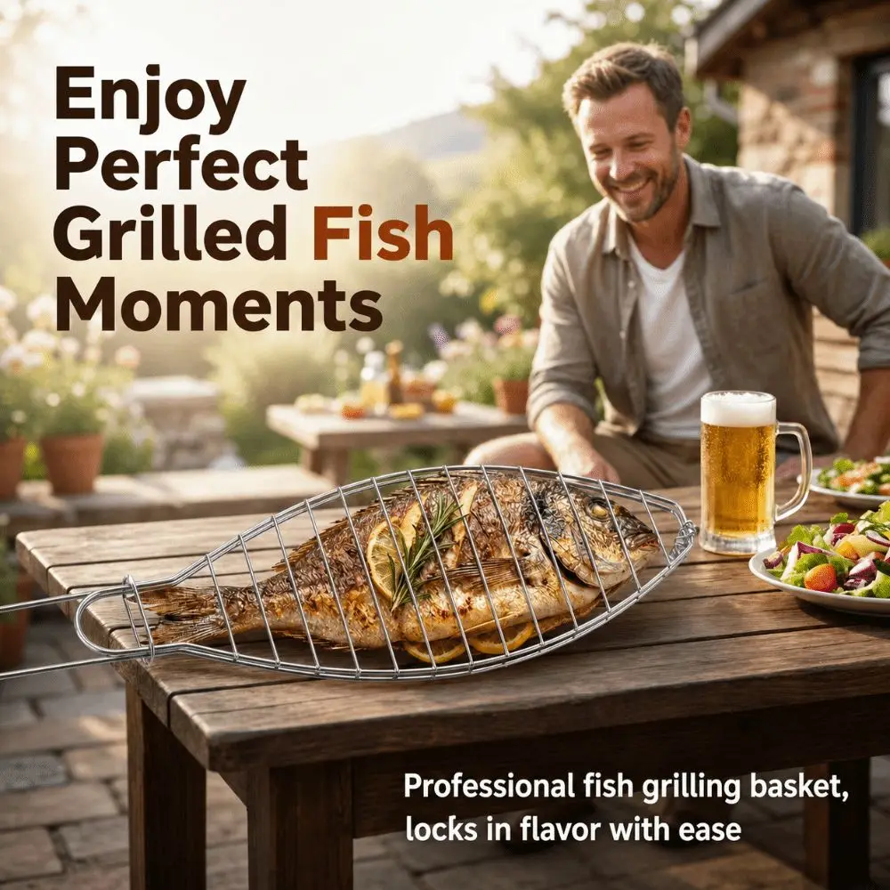 Fish-Shaped Iron Fish Grill Rack Wire Grid Long Handle Fish Grill Basket Easy Clean Sliding Lock Grill Rack Whole Fish Grilling