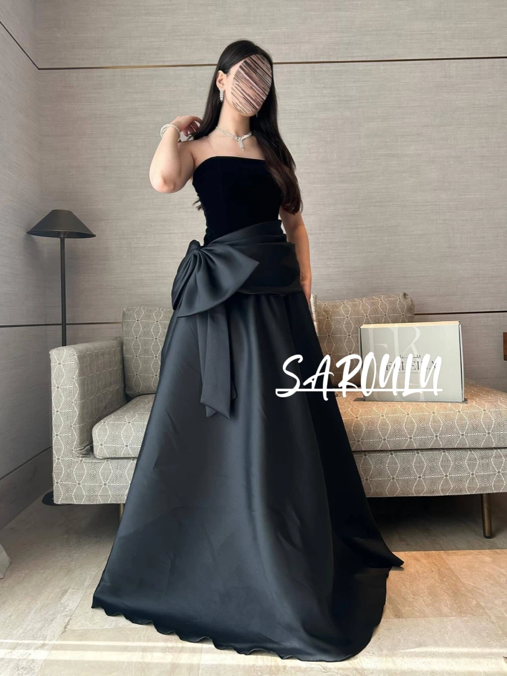 Vintage Black Strapless Evening Dress Elegant A Line Big Bow Prom Gown S-2XL Stunning Formal Banquet Party Women Wear