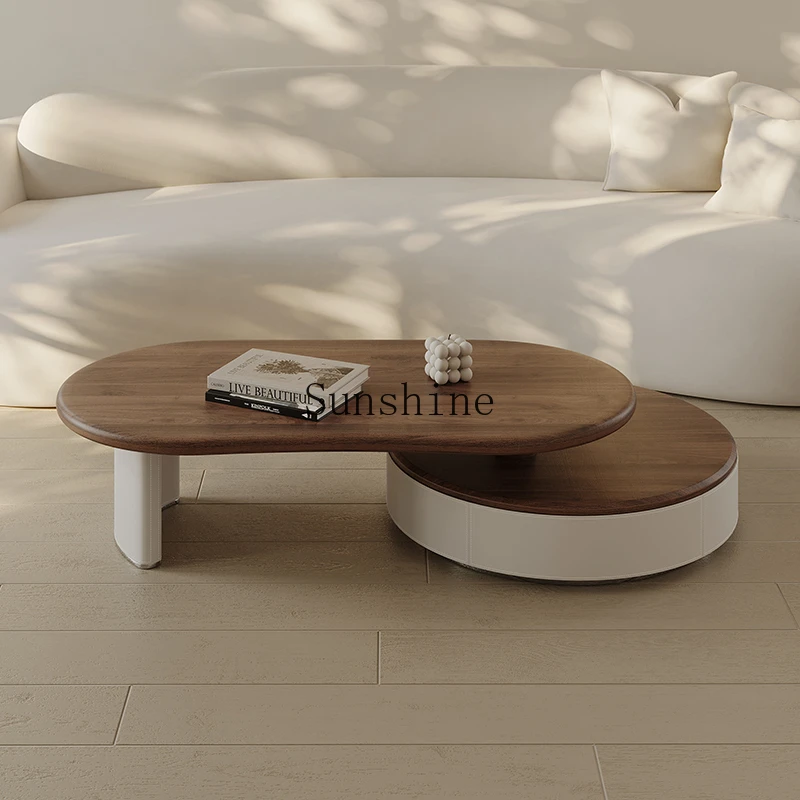 

Medieval walnut pattern retractable round coffee table small apartment living room high-end simple