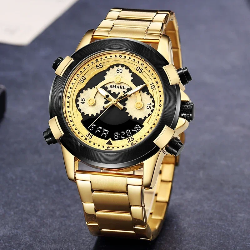 SMAEL New Sports Mens Watches Stainless Steel Chronograph Waterproof Quartz Clock Luxury Gold Men watch Relogio Masculino