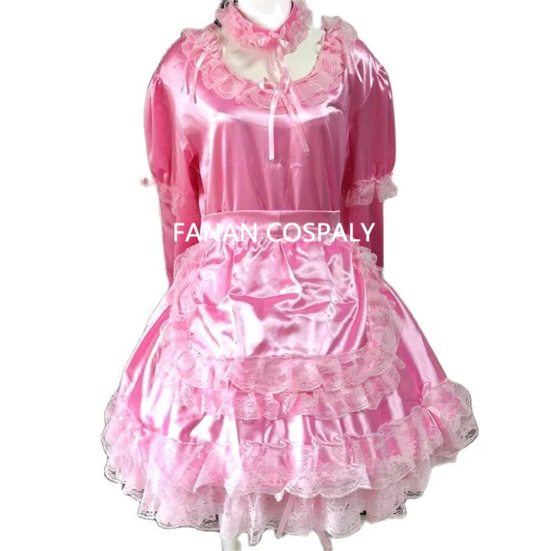 

Multicolor Adult Giant Baby Sexy Girl Pink Thin Open Chest Satin Sissy Long Sleeve Dress Maid Role Play Customizable Lockable