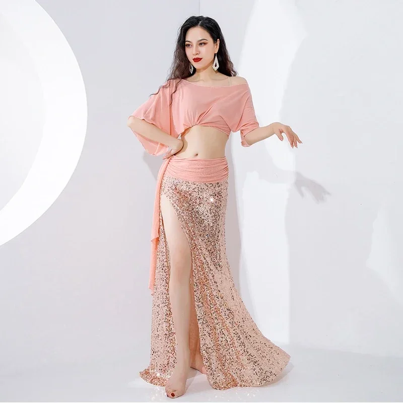 

Women Bellydancing Yarn Short Sleeves Top+Mermaid Sequin Skirt Oriental Dance Exercise Clothing Belly Dance Practice Suit