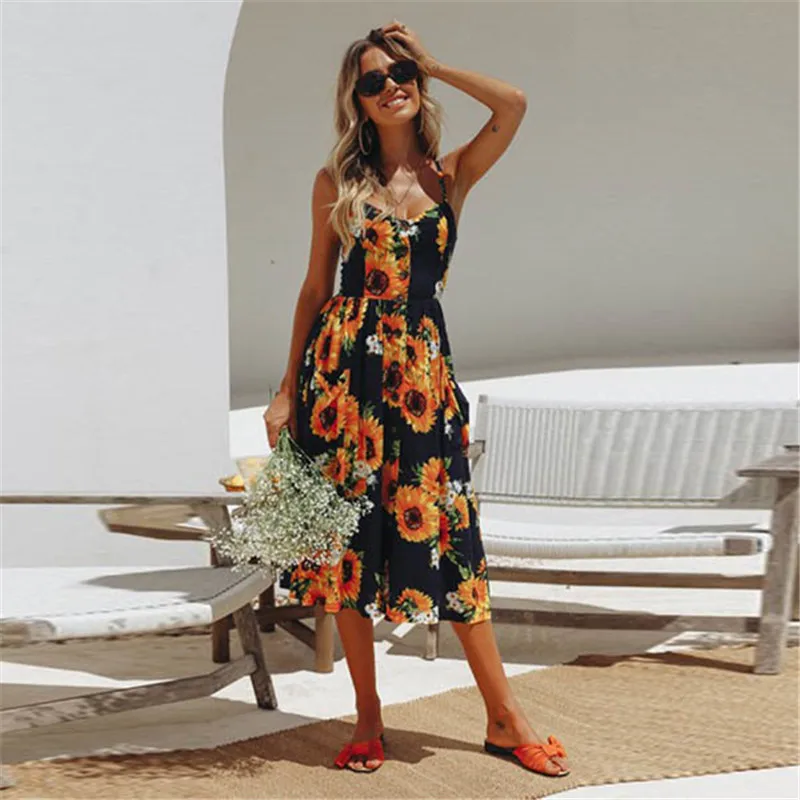 

Summer Sexy Women's V-neck Sleeveless Flower Dresses Beach Backless Pocket Midi Dress Vacation Robe Vestido Longo Feminino