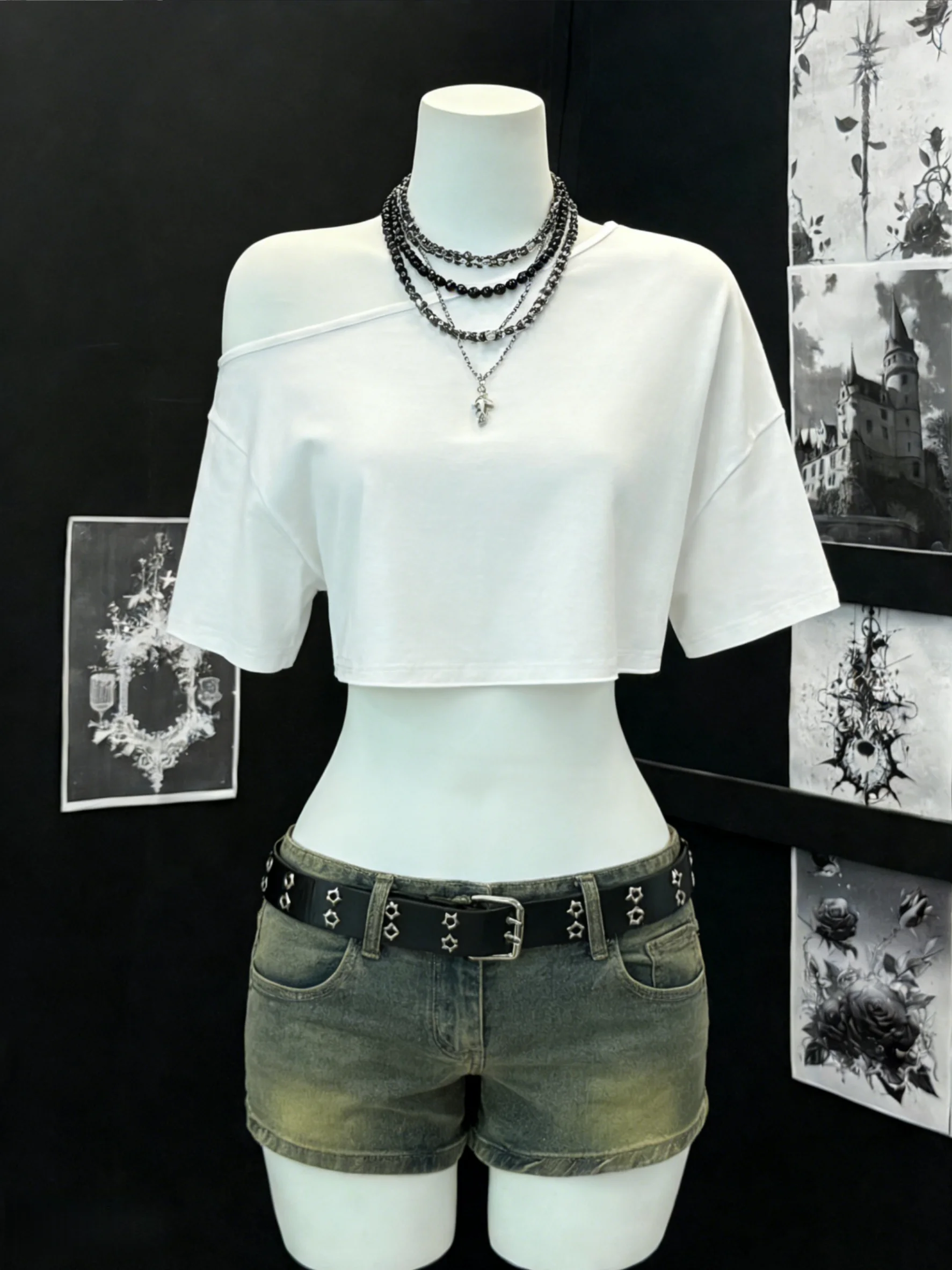 Damen One-Shoulder Kurzarm Crop-Top Asymmetrischer Ausschnitt Hochelastisches Weiches Leichtgewicht-Gewebe Locker Sitzend Y2K Alltag Ausgehzubehör – Detail 6