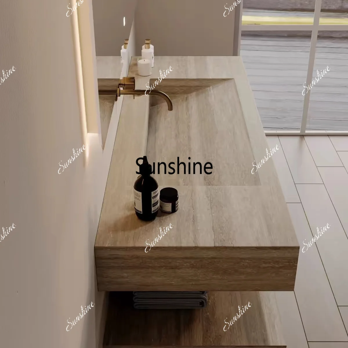 Rock slab integrated seamless basin, bathroom washstand single and double basin customization