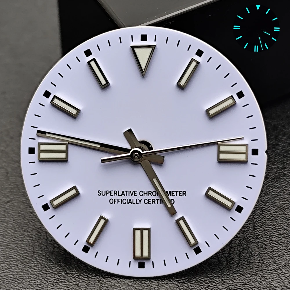 Blau-Grün Leuchtendes 28,5mm Zifferblatt ohne Datum, Zeiger mit individuellem Logo, passend für NH35 8215 2824 2836 Uhrwerke, Uhrenzubehör – Detail 4