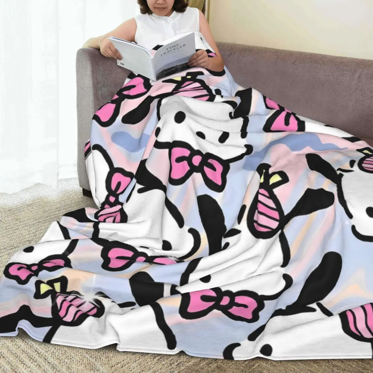 Pochacco Miniso beautiful hairpin Bows Flannel Blanket Soft Bedding Throws for Couch Chair Camping Bedspread Sofa Bed Cover