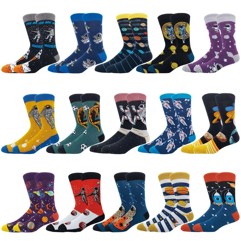 High Quality Socks The new universe series men\'s planet Funny Happy astronaut Novelty Skateboard Crew Casual Socks