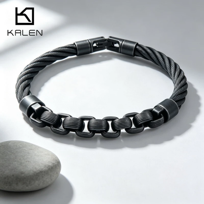 KALEN Vintage Stainless Steel Twisted Cable Chain Bracelet for Men Geometric Link Bangle Business Wristband Jewelry Classic Gift