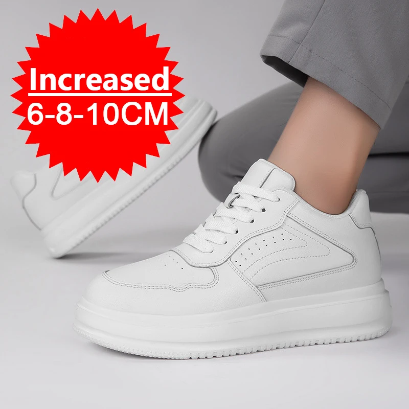 

New Men's PU Leather Sneakers Elevator Shoes Invisible Breathable Lace-up Heightening Shoes 8/10cm Men's Casual Fashion Sneakers