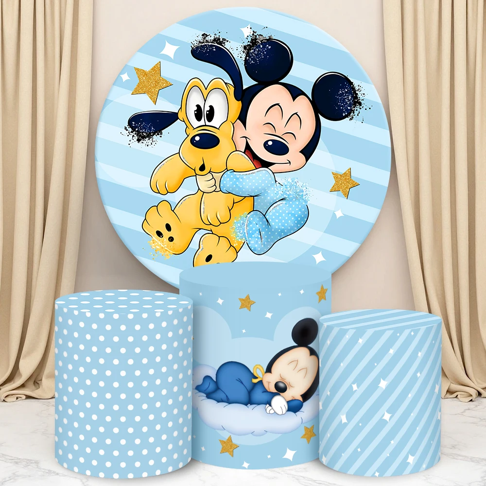

Disney Mickey Mouse Round Cylinder Backdrop Cover for Kids Birthday Party Decor Baby Shower Photo Background Cylinder Cake Cover