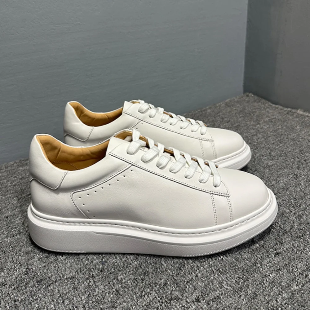 Men's Leather Executive Style White Sneakers with Thick Soles Invisible Height Increase Stylish Shoes for All Occasions