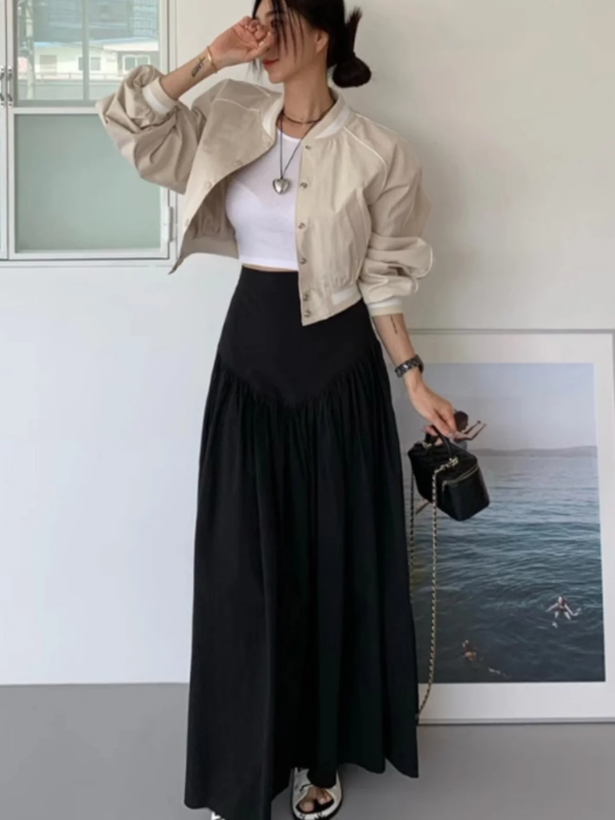 تنورة نسائية طويلة بيضاء عالية الخصر لربيع 2024، تصميم جديد أنيق مضاد للشيخوخة مع طيات، تنورة سوداء طويلة نحيفة بأسلوب كوري ل... #2