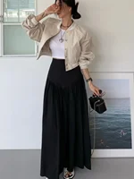 White High Waist f Skirt Women's Spring 2024 New Sweet Anti-Aging Folded Design Slimming Bla Long Skirt Commute Korean S... - Image 3